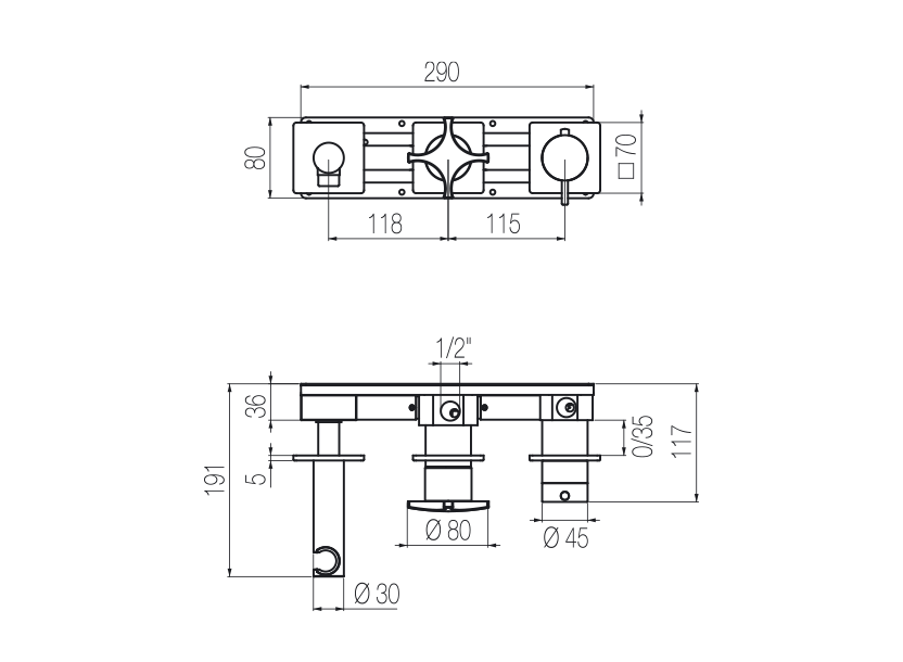 Horizontales Thermostat-Duschset mit 3-Wege-Umsteller